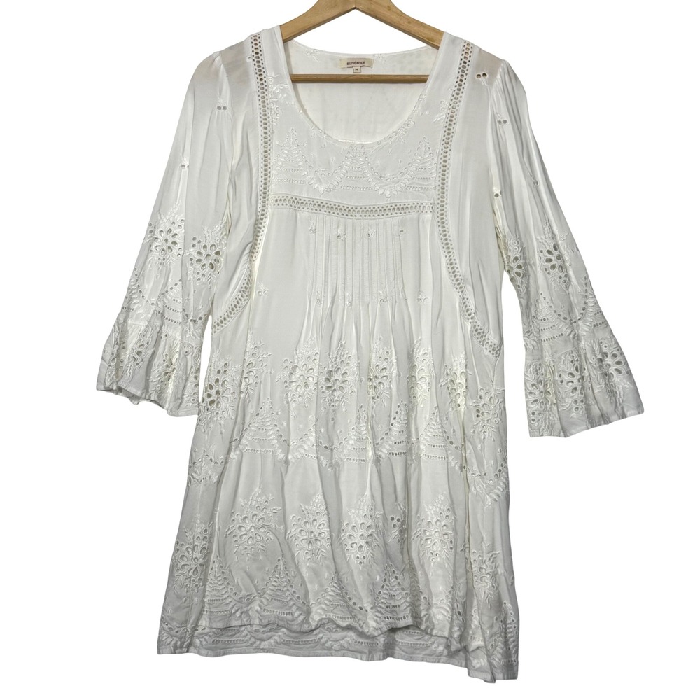Sundance | White Eyelet Embroidered Dress Bohemian Gauze Bell Sleeve, Medium